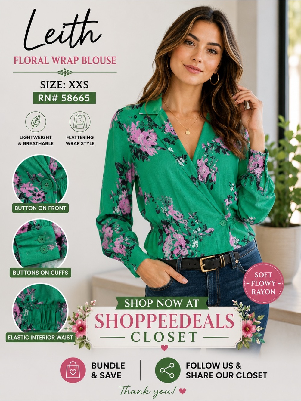 Leith Floral Wrap Blouse | XXS | Green Pink Rayon Top